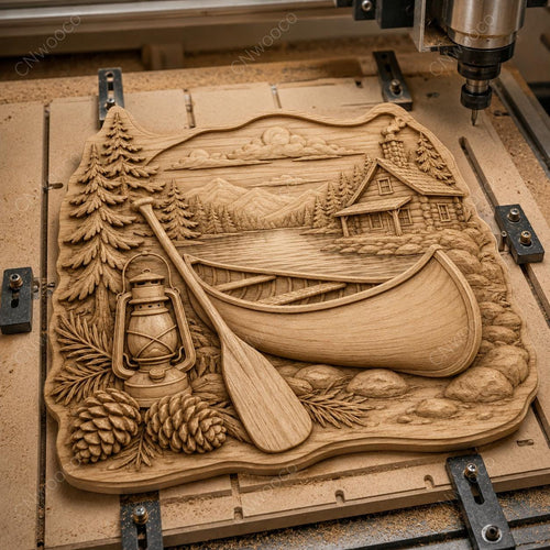 CNC & impression 3D canoë avec lanterne et paysage de lac, fichier STL très haute qualité