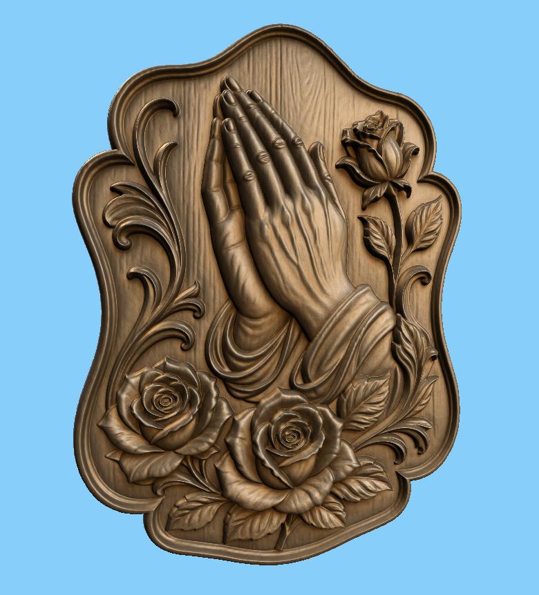 CNC & impression 3D relief mains en prière avec roses, décor religieux, fichier STL très haute qualité