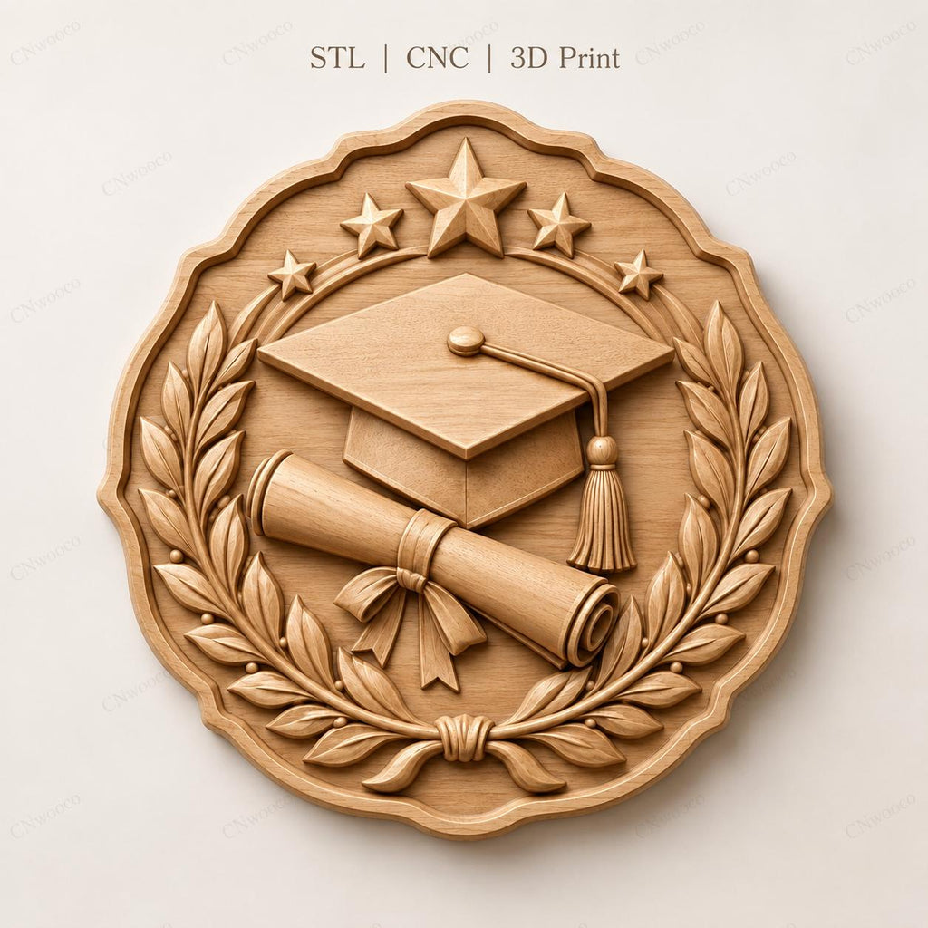 CNC & impression 3D diplôme graduation avec toque, parchemin et couronne, fichier STL