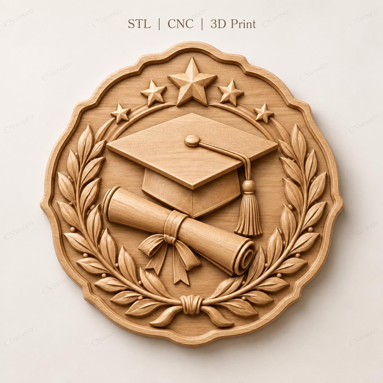 CNC & impression 3D diplôme graduation avec toque, parchemin et couronne, fichier STL