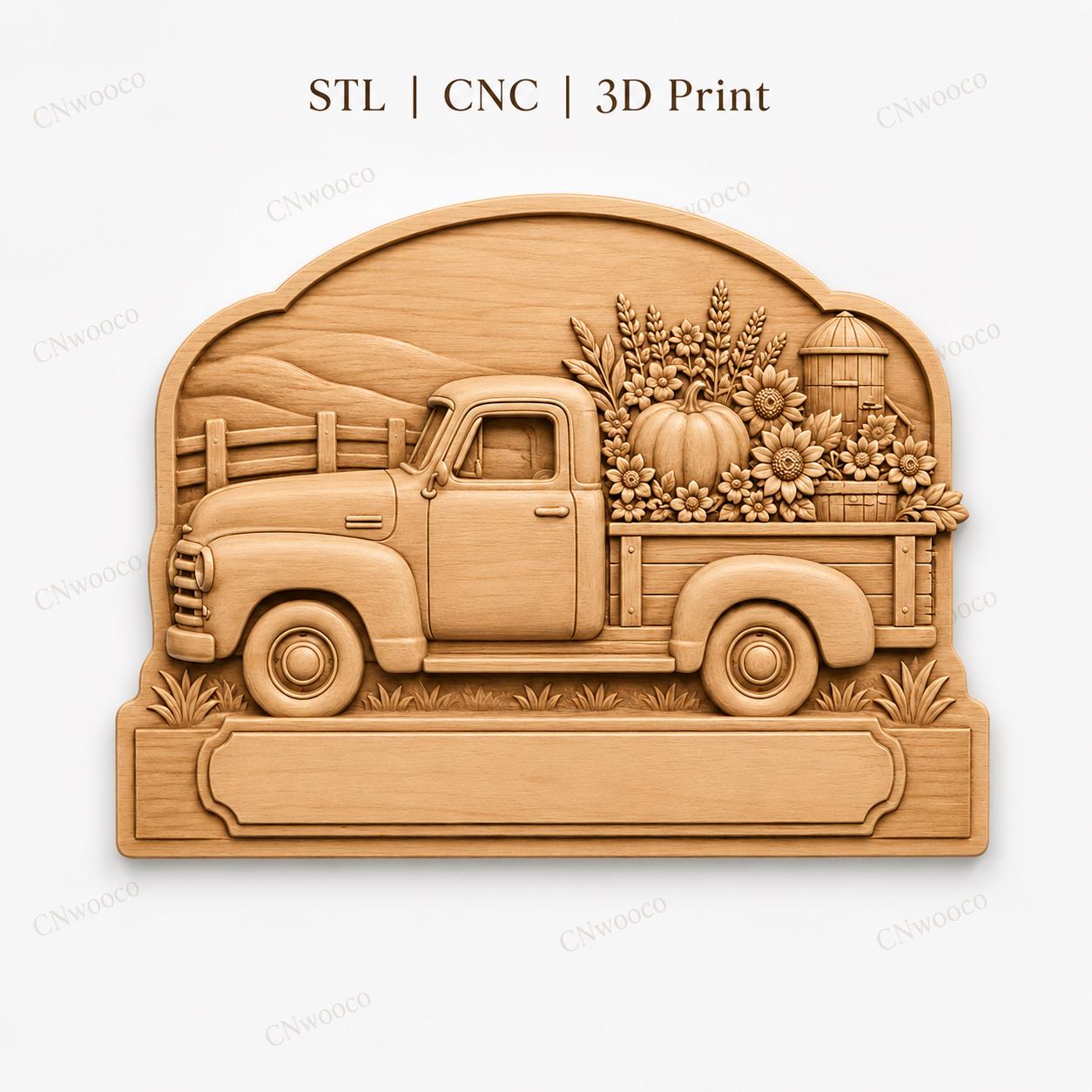 CNC- & 3D-Druck Vintage Herbst Relief Pickup, Bauernhaus-Datei für Holzgravur, hochwertige STL, anpassbar