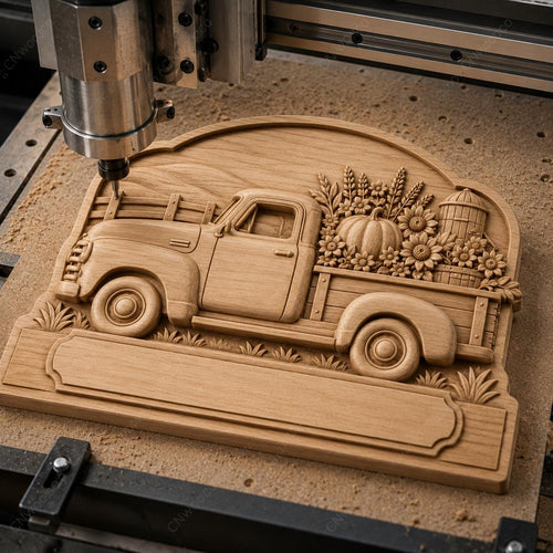 Vintage autumn pickup truck CNC & 3D relief print, farmhouse file for wood engraving, high-quality STL, customizable