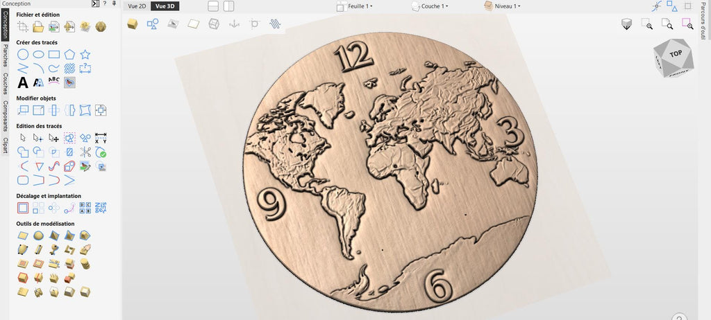 Fichier CNC horloge carte du monde, bas-relief bois moderne, décoration murale map design, sculpture horloge, modèle gravure 3D STL