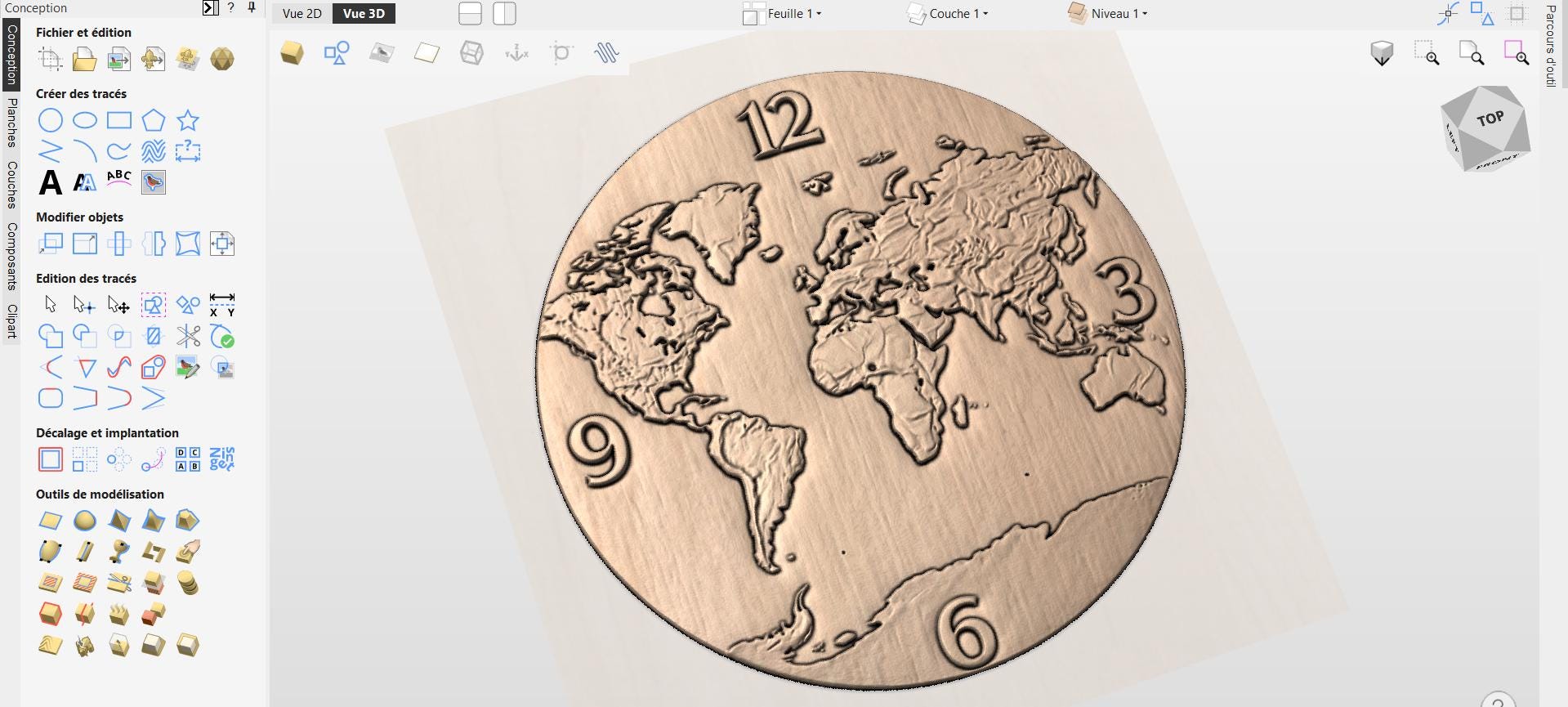 Fichier CNC horloge carte du monde, bas-relief bois moderne, décoration murale map design, sculpture horloge, modèle gravure 3D STL