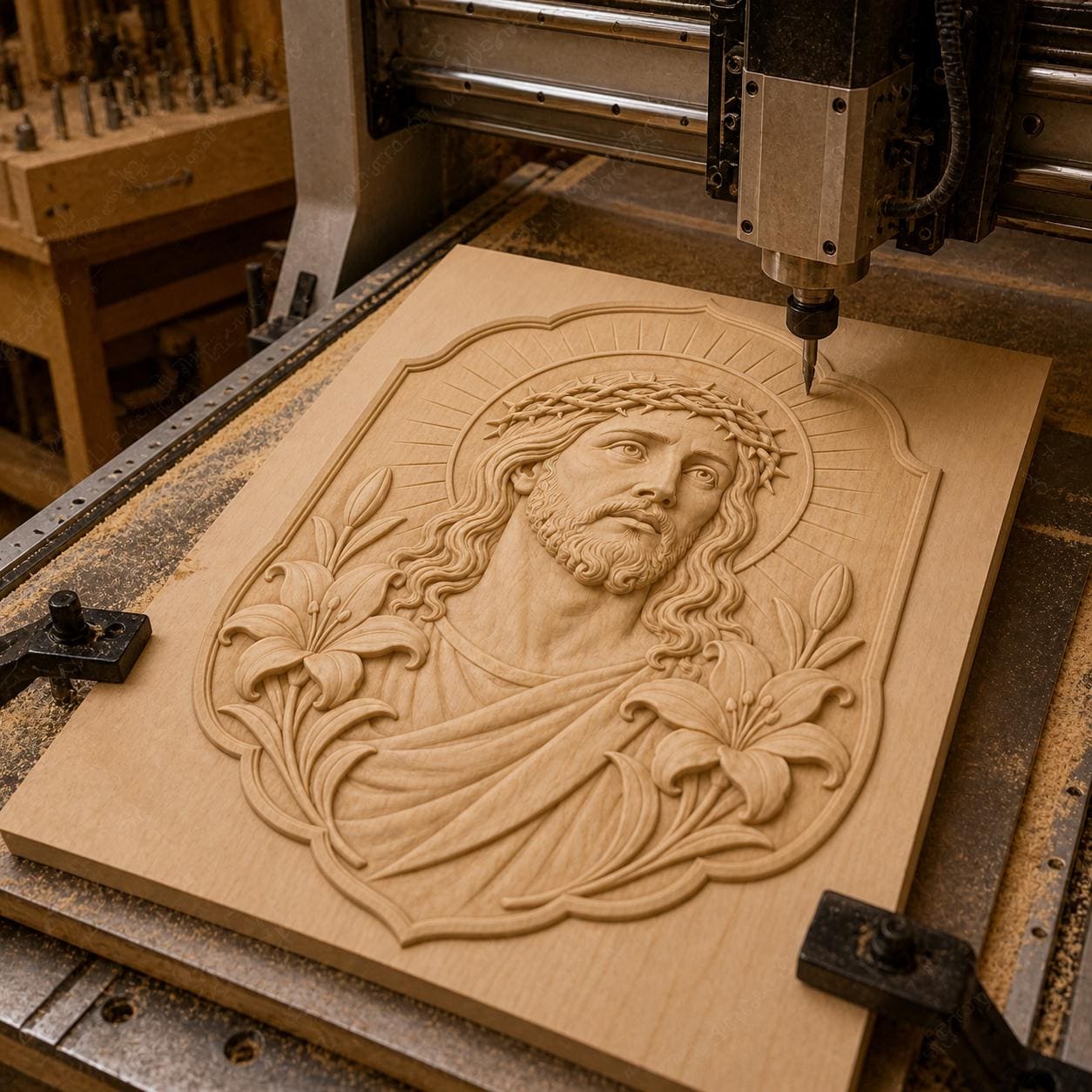 CNC & impression 3D Jésus avec couronne d’épines, STL haute qualité pour sculpture bois chrétienne