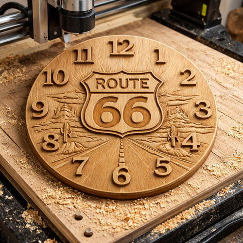 Fichier CNC horloge Route 66 désert vintage – bas-relief pour sculpture bois, décoration murale garage STL