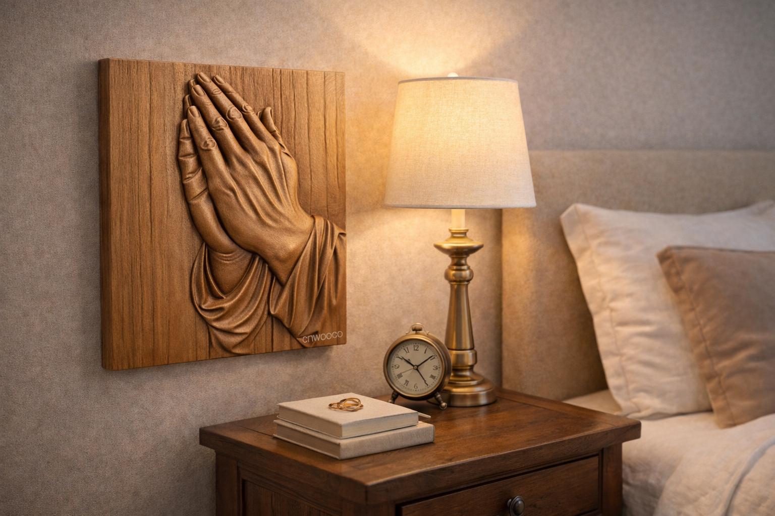 Fichier CNC & impression 3D mains en prière – bas-relief chrétien pour sculpture bois, décoration murale religieuse STL