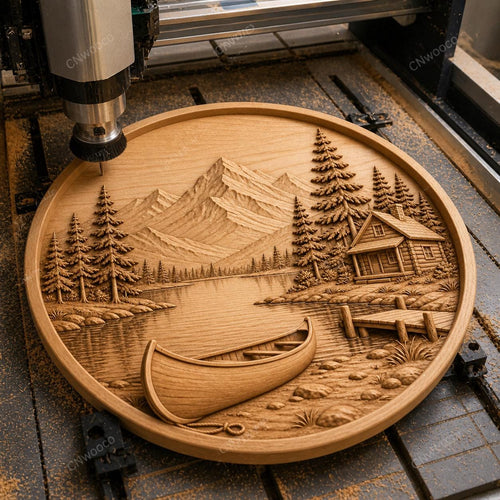 CNC & impression 3D relief chalet montagne avec lac et canoë, fichier STL très haute qualité