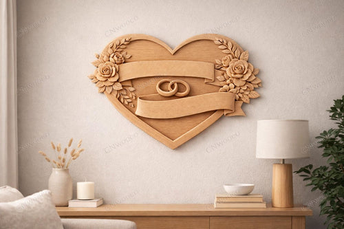 Fichier CNC & impression 3D cœur mariage avec anneaux – bas-relief romantique pour sculpture bois, décoration murale STL