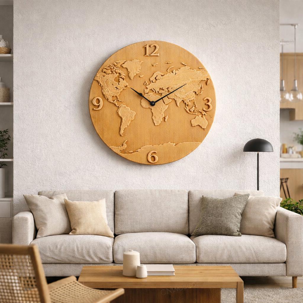 Fichier CNC horloge carte du monde, bas-relief bois moderne, décoration murale map design, sculpture horloge, modèle gravure 3D STL