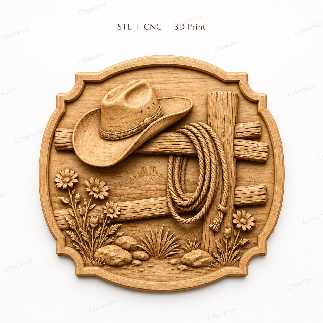 CNC & impression 3D décor western avec chapeau cowboy et corde, fichier STL très haute qualité