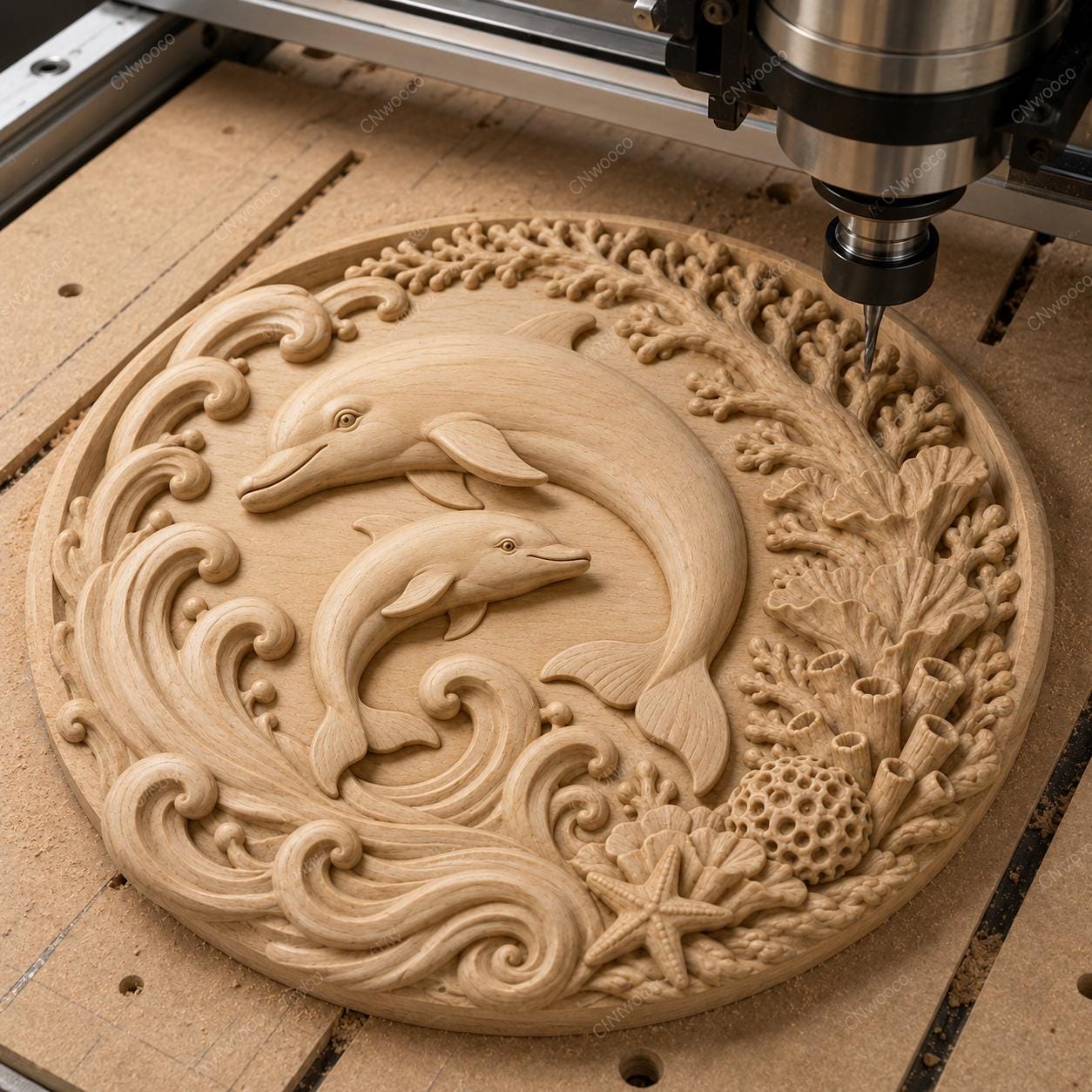 CNC & impression 3D dauphins avec vagues et coraux, fichier STL très haute qualité