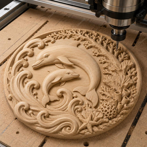 CNC & impression 3D dauphins avec vagues et coraux, fichier STL très haute qualité
