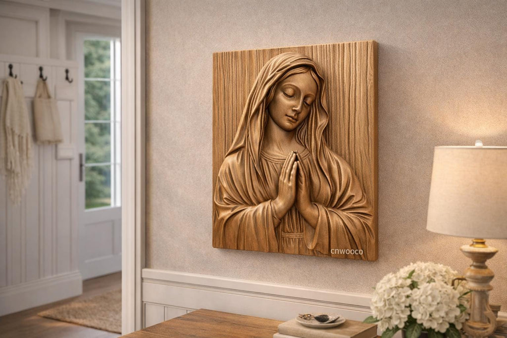 Fichier CNC & impression 3D Vierge Marie en prière – bas-relief Madonna pour sculpture bois, décoration murale chrétienne STL