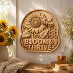 CNC- und 3D-Reliefdruck Bloom und Thrive mit Sonnenblume und Biene, dekorative Datei für Holzgravur, hochwertige STL