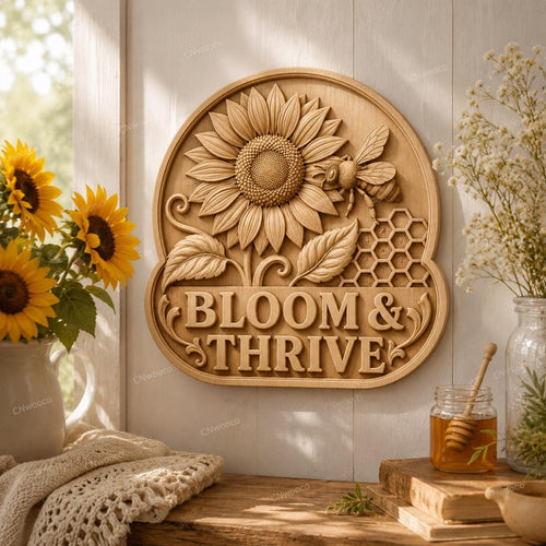 CNC & impression 3D relief Bloom et Thrive avec tournesol et abeille, fichier décoratif pour gravure bois, STL de haute qualité