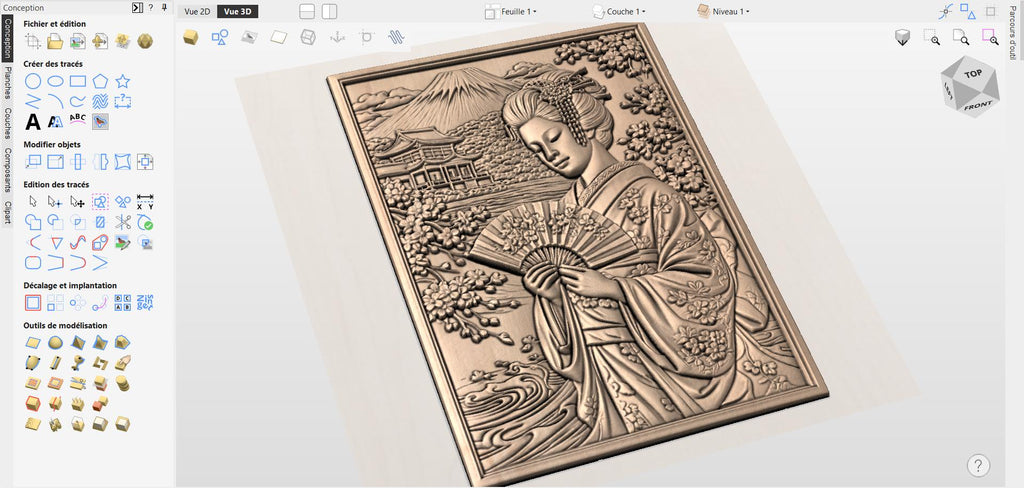 CNC-Datei japanische Geisha Berg Fuji – asiatisches Basrelief für Holzskulptur, Wanddekoration STL