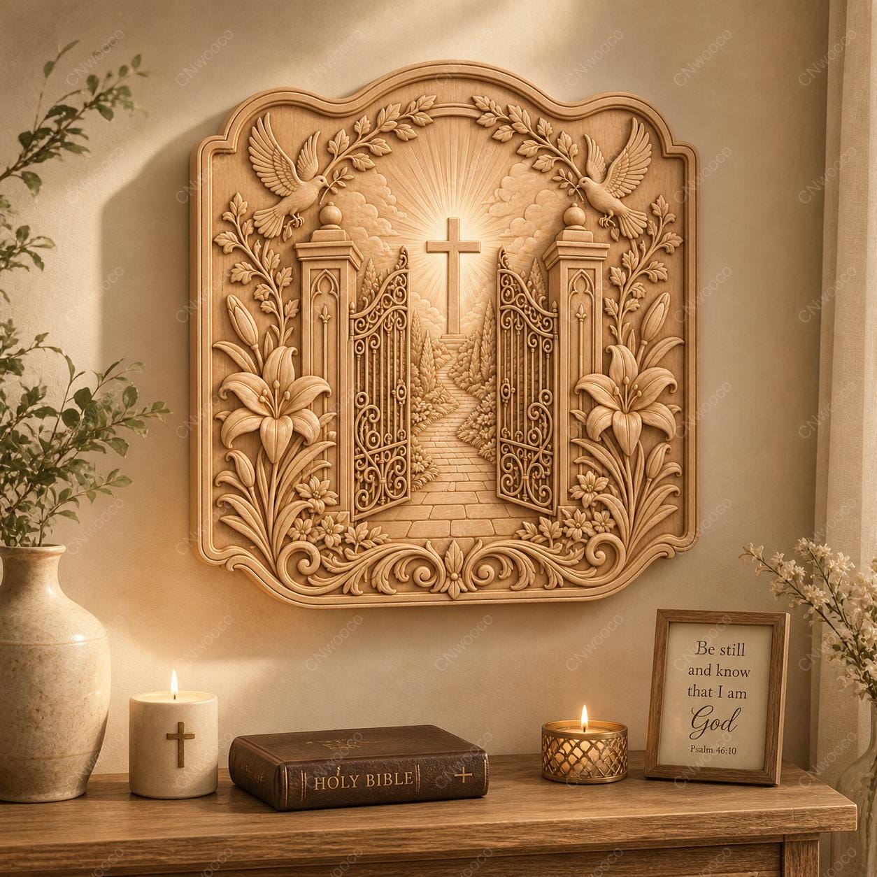 CNC & impression 3D relief portes du paradis avec croix et colombes, fichier STL très haute qualité
