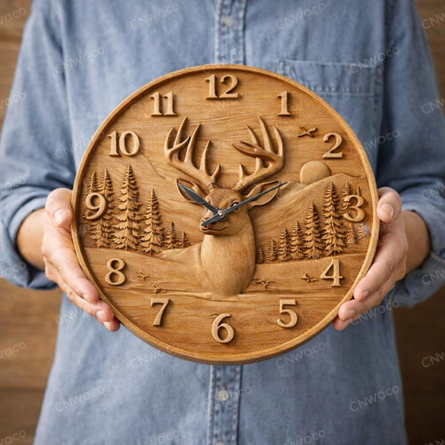 Fichier CNC horloge cerf – bas-relief chasse et faune sauvage pour sculpture bois, décoration murale rustique STL