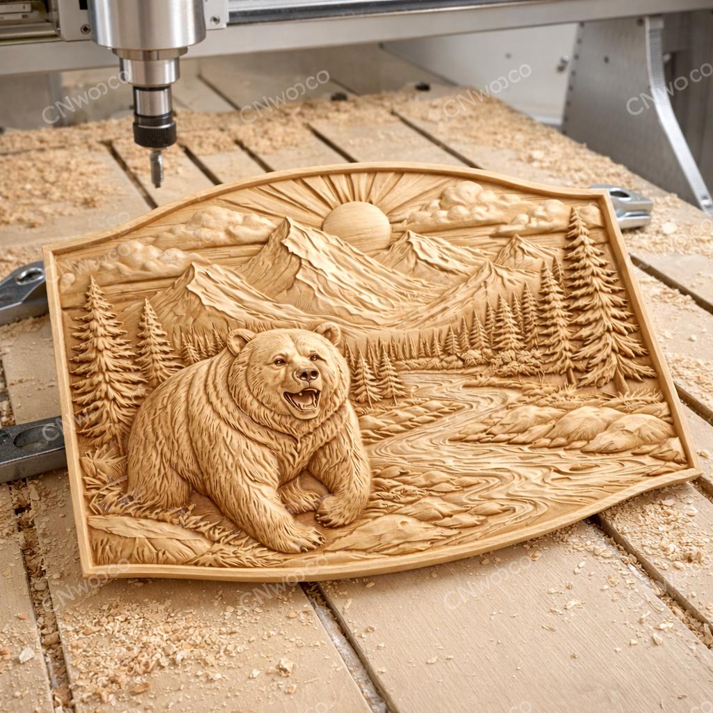 Fichier CNC ours grizzly montagne, bas-relief bois wildlife, décoration murale nature, sculpture bois, modèle gravure 3D STL