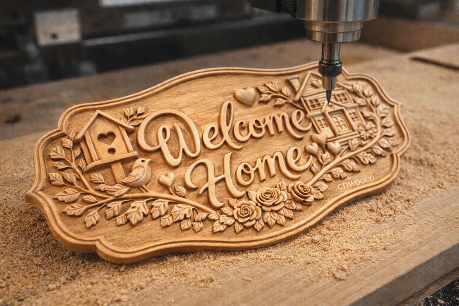 CNC-Datei Willkommens-Schild floral, Holz-Basrelief Haustür, Wanddekoration, Empfangsschild, 3D-Gravur STL-Modell