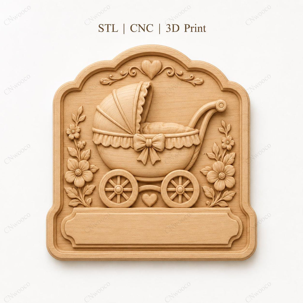 CNC & 3D-Druck Relief Baby Kinderwagen Geburt, Datei für Holzgravur, hochwertige STL, personalisierbar