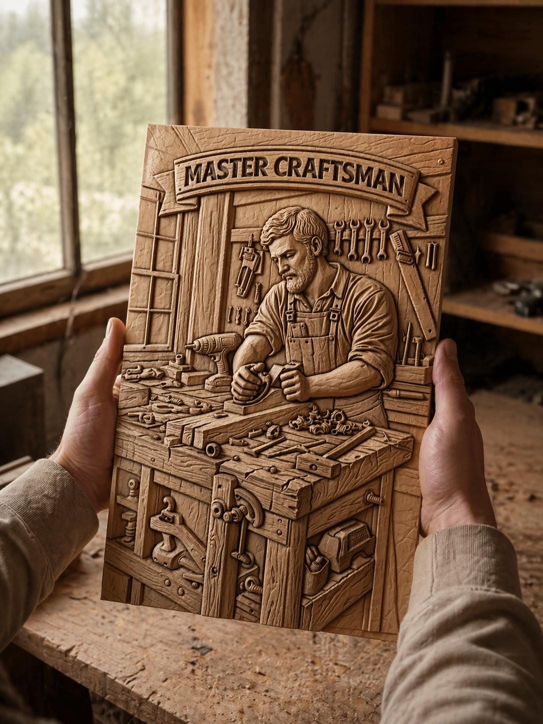 Fichier CNC panneau Master Craftsman – bas-relief menuisier pour sculpture bois, décoration murale atelier et bois STL
