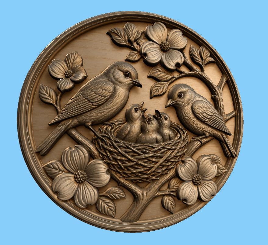 CNC & impression 3D relief famille d’oiseaux au nid, fichier STL très haute qualité