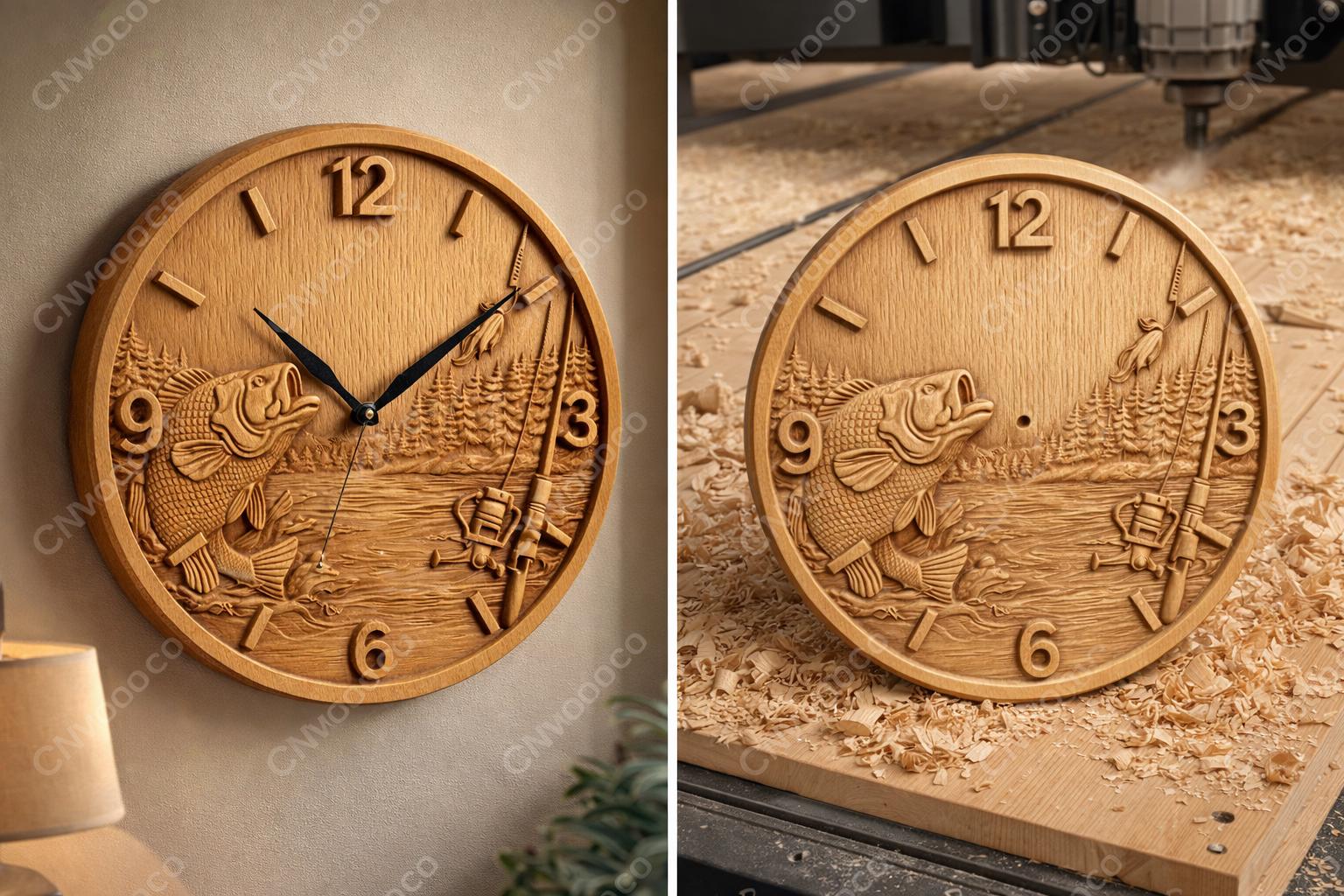CNC-Datei Fischeruhr Bass – Flachrelief See und Angler für Holzskulptur, rustikale Wanddekoration STL