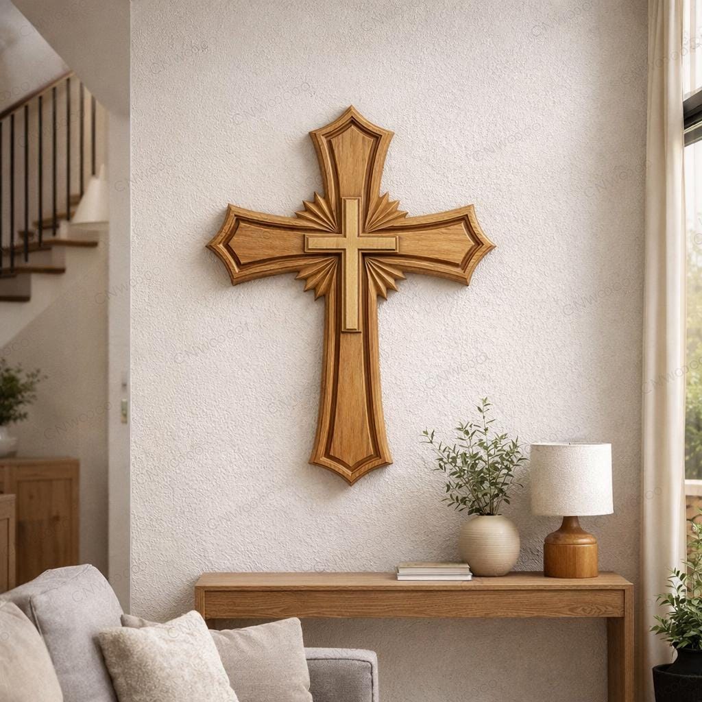 Fichier CNC & impression 3D croix chrétienne – bas-relief bois pour sculpture CNC, décoration murale religieuse STL