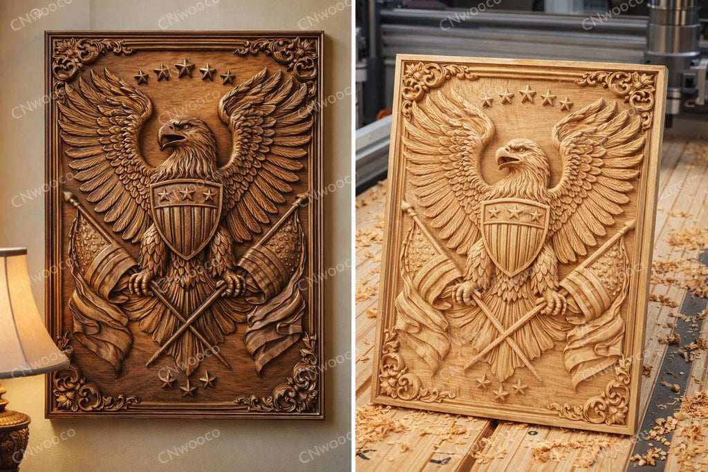 Fichier CNC aigle américain drapeau USA, bas-relief bois patriotique, décoration murale rustique, sculpture bois, modèle gravure 3D STL
