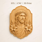 CNC & impression 3D Jésus avec couronne d’épines, STL haute qualité pour sculpture bois chrétienne