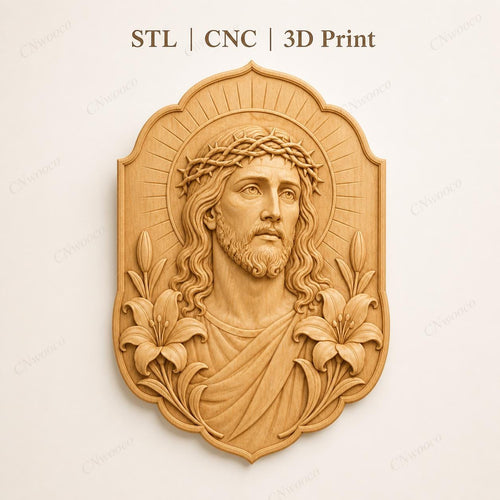 CNC & impression 3D Jésus avec couronne d’épines, STL haute qualité pour sculpture bois chrétienne