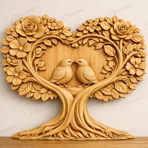 Fichier CNC arbre cœur oiseaux amoureux – bas-relief romantique pour sculpture bois, décoration murale mariage STL