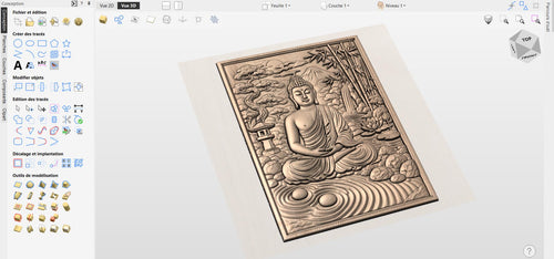 Fichier CNC Bouddha jardin zen – bas-relief temple montagne pour sculpture bois, décoration murale méditation STL