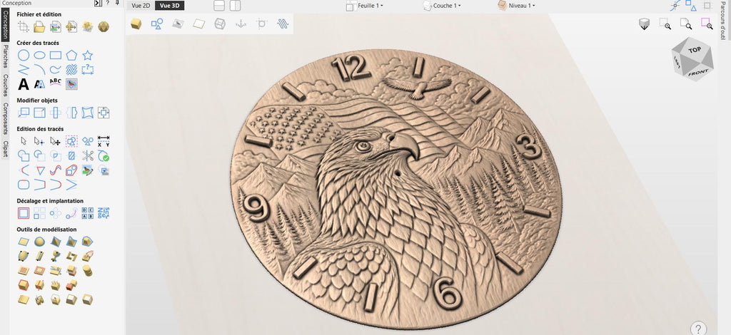 Fichier CNC horloge aigle drapeau USA, bas-relief bois patriotique, décoration murale américaine, sculpture horloge, modèle gravure 3D STL