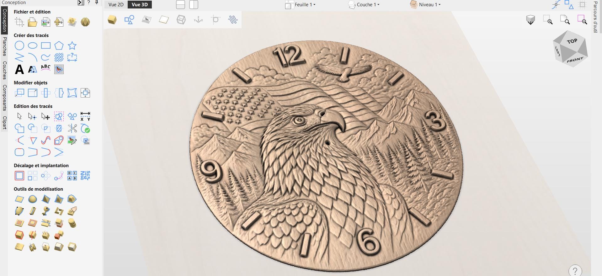 Fichier CNC horloge aigle drapeau USA, bas-relief bois patriotique, décoration murale américaine, sculpture horloge, modèle gravure 3D STL