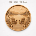 CNC & impression 3D relief lac avec chaises Adirondack, décoration chalet nature, fichier STL très haute qualité