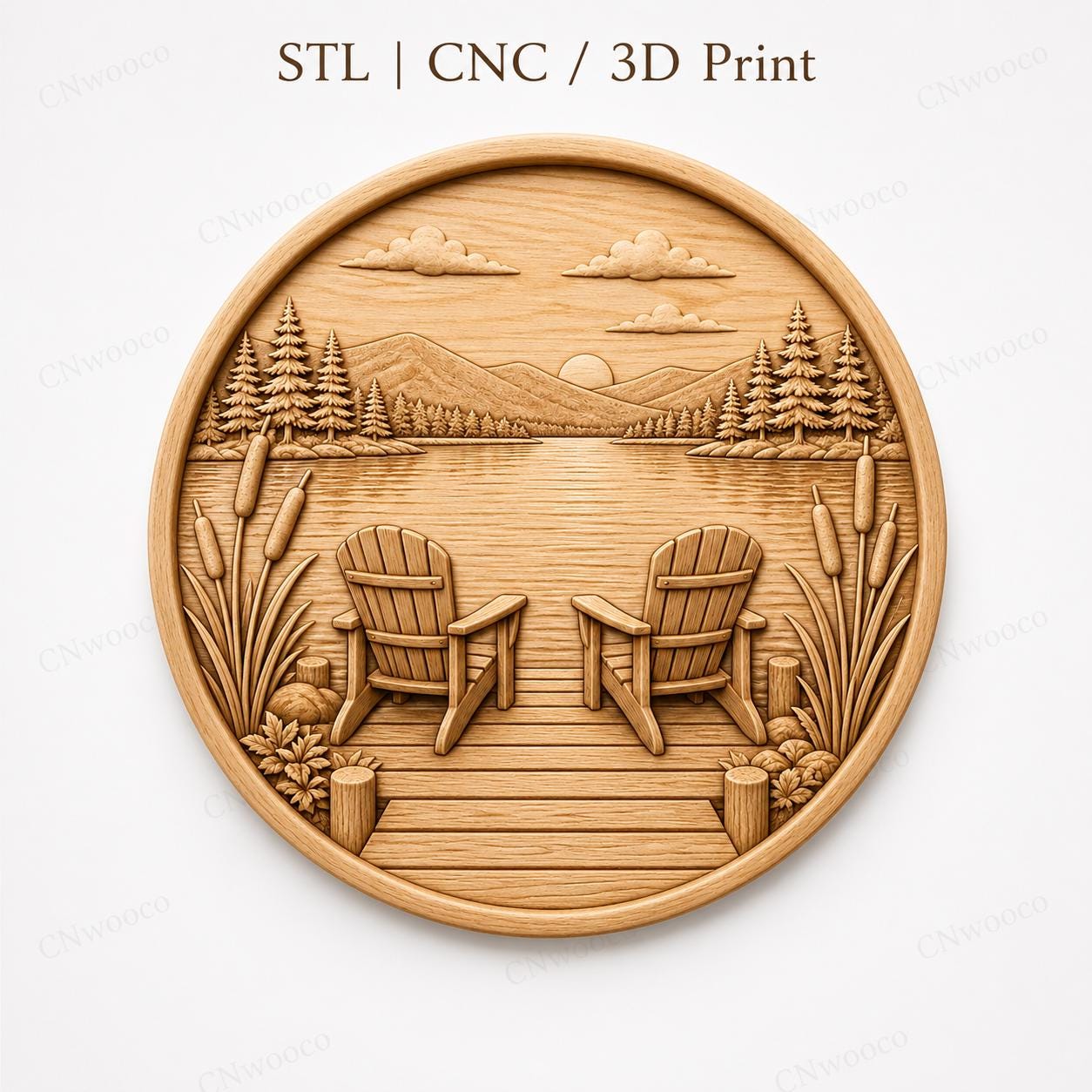 CNC & impression 3D relief lac avec chaises Adirondack, décoration chalet nature, fichier STL très haute qualité