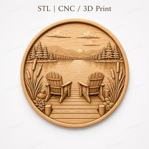 CNC & impression 3D relief lac avec chaises Adirondack, décoration chalet nature, fichier STL très haute qualité