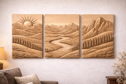 Fichier CNC pack paysages montagne 3 panneaux – bas-reliefs nature pour sculpture bois, décoration murale grand format STL