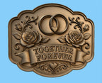 CNC & impression 3D relief mariage Together Forever avec alliances et roses, fichier pour gravure bois, STL de haute qualité