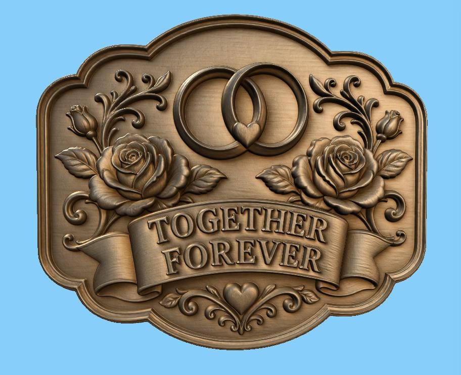 CNC & impression 3D relief mariage Together Forever avec alliances et roses, fichier pour gravure bois, STL de haute qualité