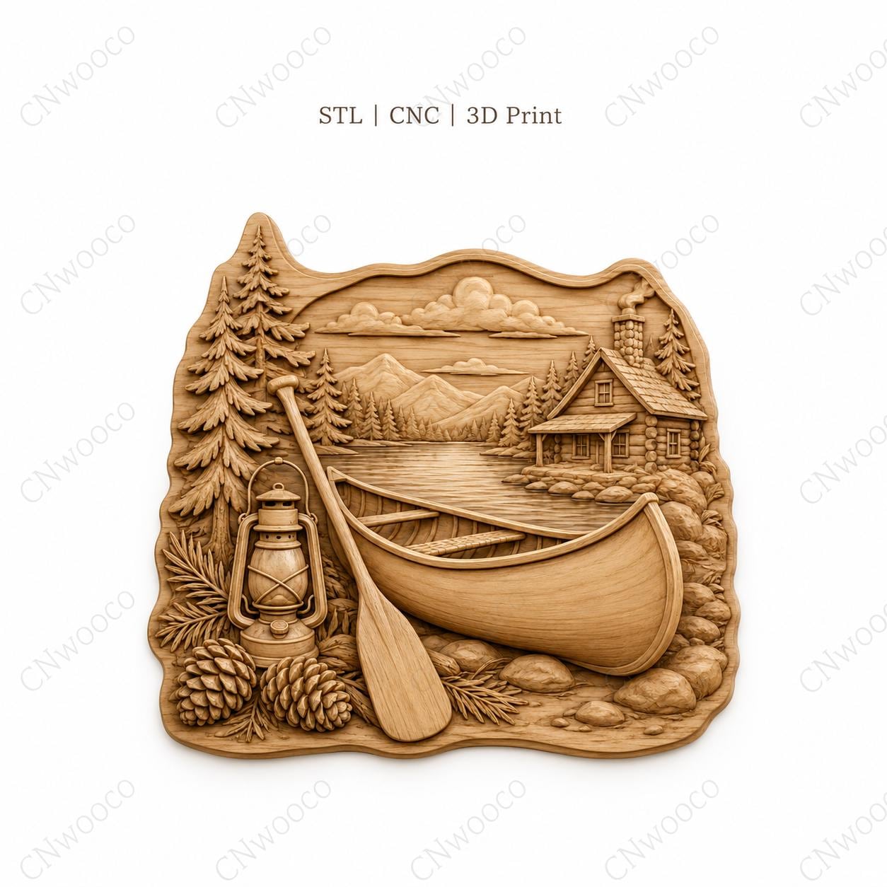 CNC & impression 3D canoë avec lanterne et paysage de lac, fichier STL très haute qualité