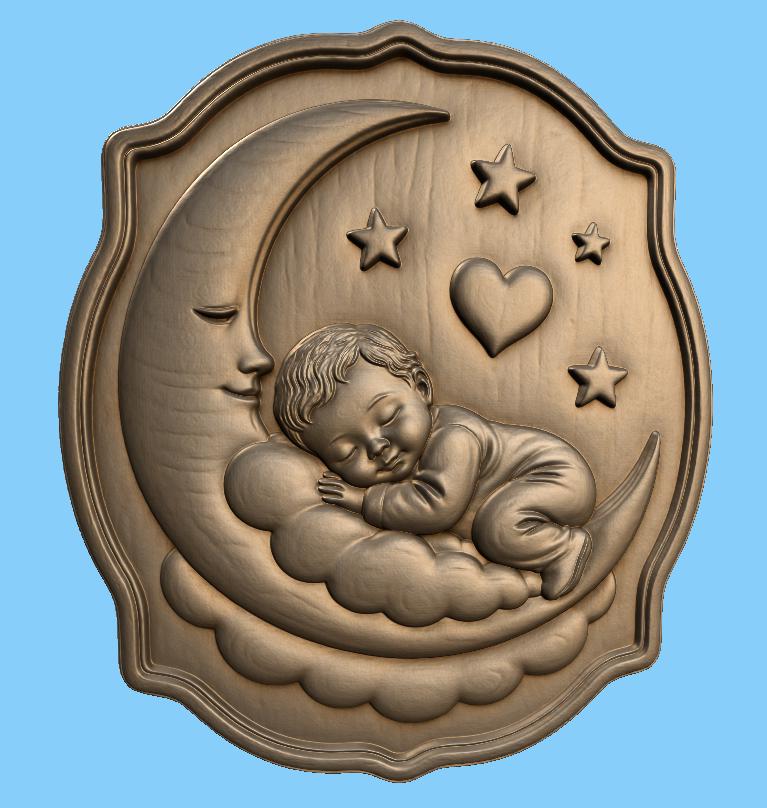 CNC & 3D-Druck, schlafendes Baby auf Mond Relief, Kinderzimmer Deko für Holzgravur, hochwertiges STL