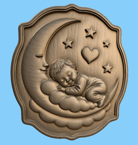 CNC & impression 3D relief bébé endormi sur lune, décoration chambre enfant pour gravure bois, STL de haute qualité