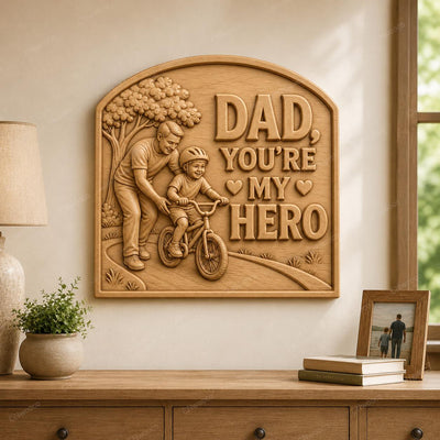 CNC & impression 3D relief papa héros avec enfant à vélo, fichier STL très haute qualité