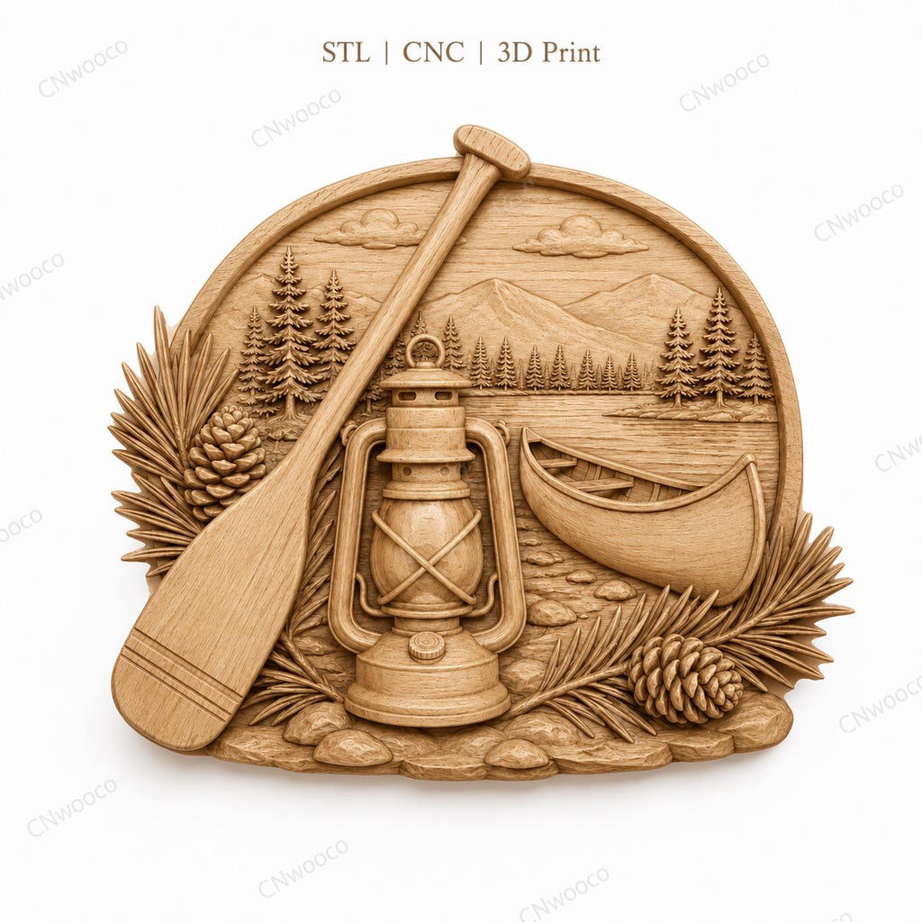 CNC & impression 3D canoë au bord du lac avec chalet, fichier STL très haute qualité