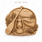 CNC & impression 3D canoë au bord du lac avec chalet, fichier STL très haute qualité