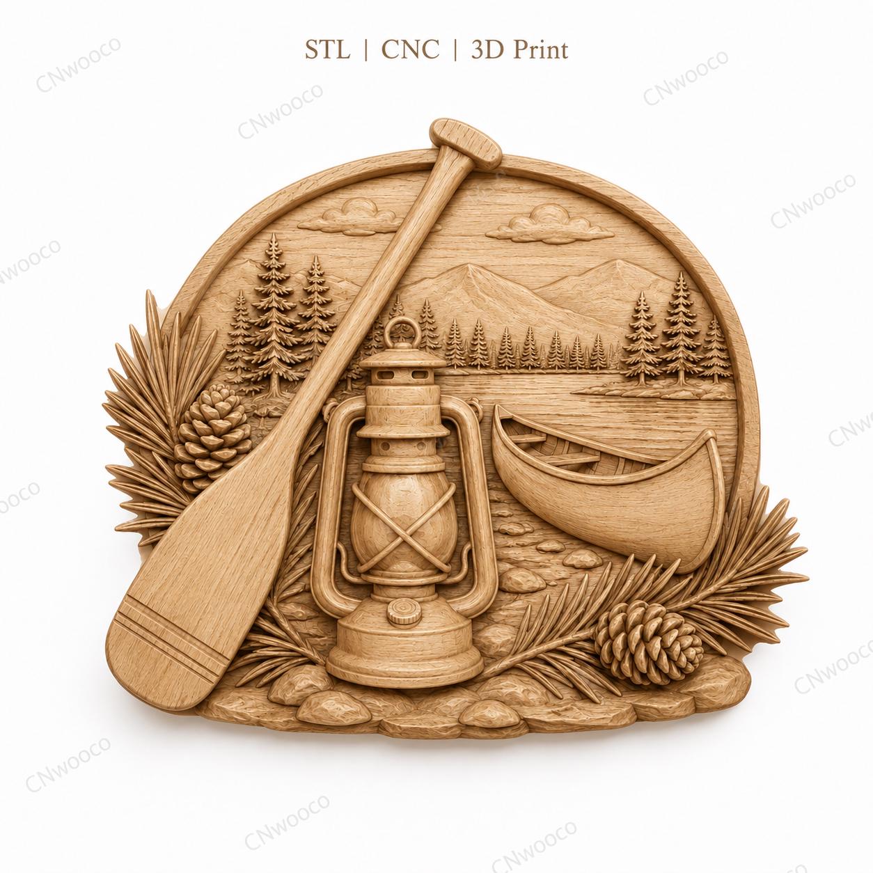 CNC & impression 3D canoë au bord du lac avec chalet, fichier STL très haute qualité